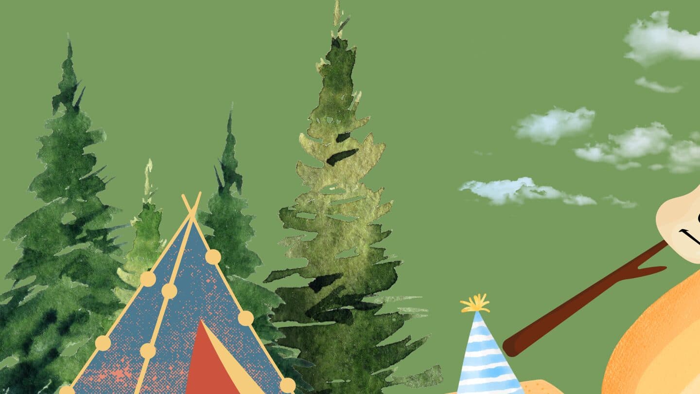 Watercolor campsite with tent, pine trees, and a toasted marshmallow character