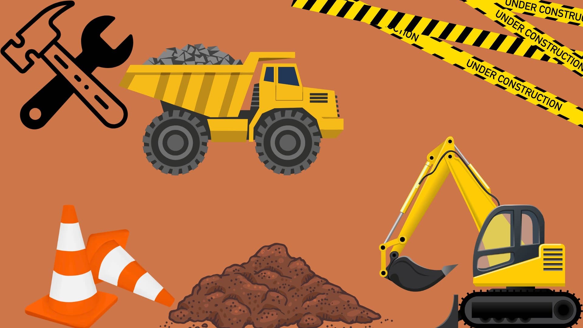 Illustrated construction site with dump truck, excavator, cones, and caution tape