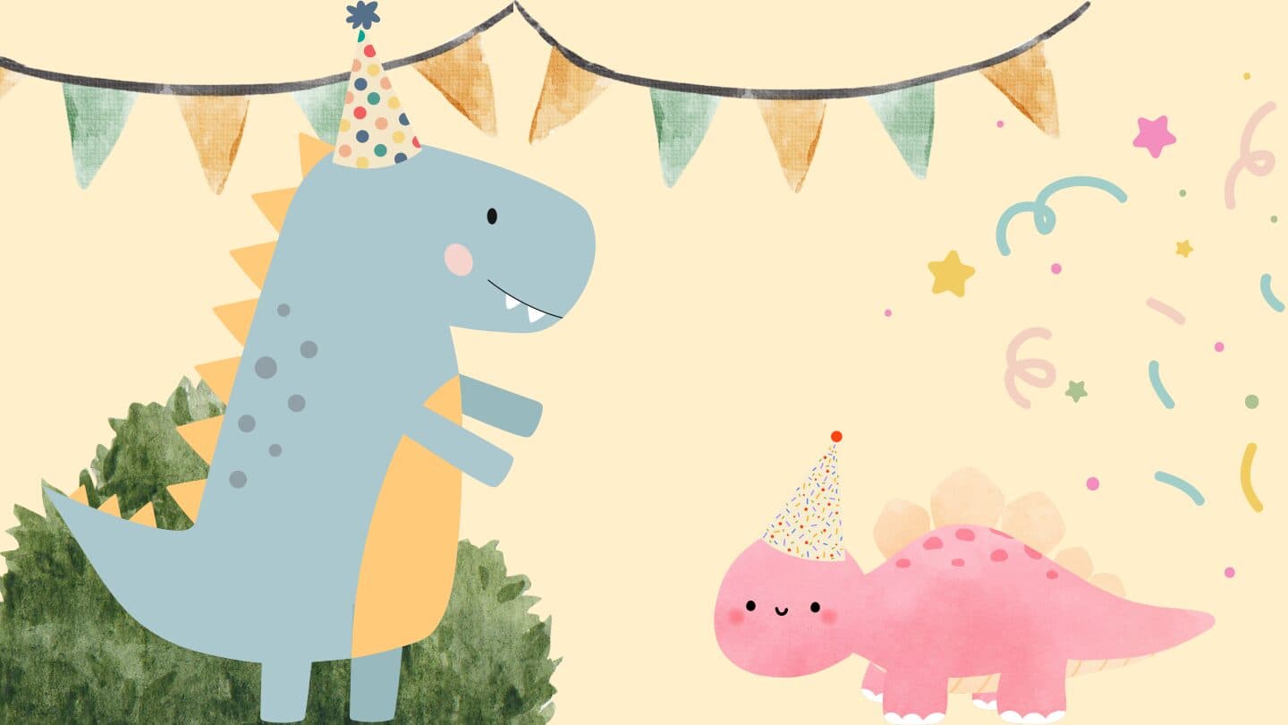 Illustrated party dinosaurs wearing birthday hats under bunting and confetti