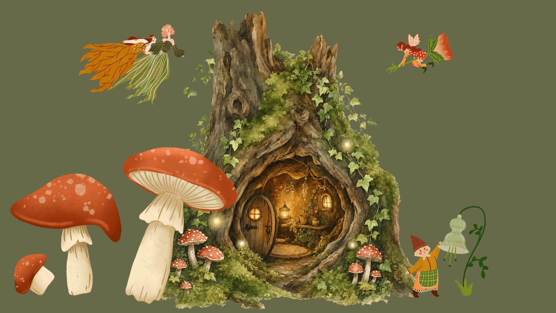 Watercolor fairy treehouse in a mossy stump with toadstools, fairies, and a gnome
