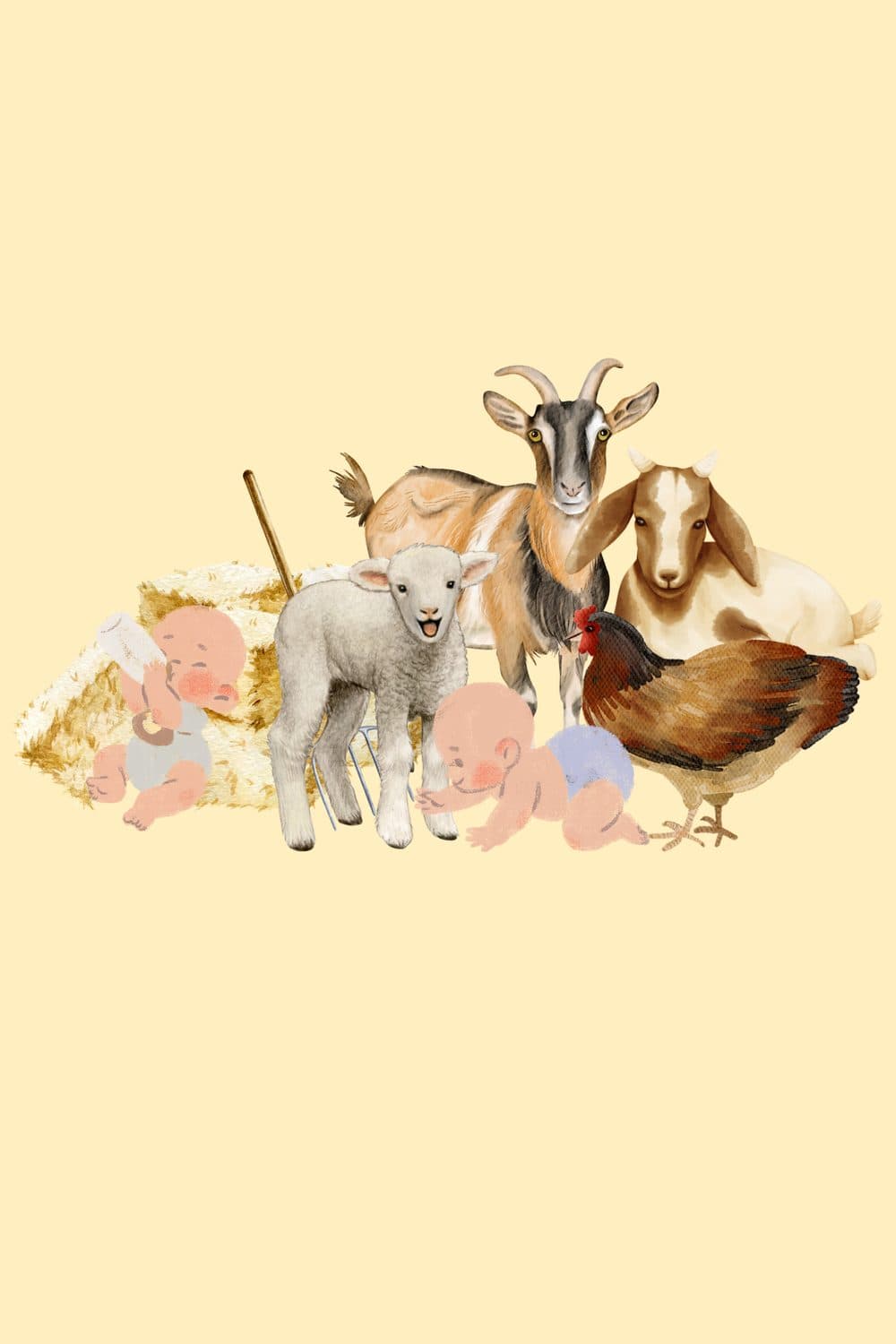 Farm animal first birthday illustration: babies on a hay bale with a lamb, two goats, and a hen on a soft yellow background