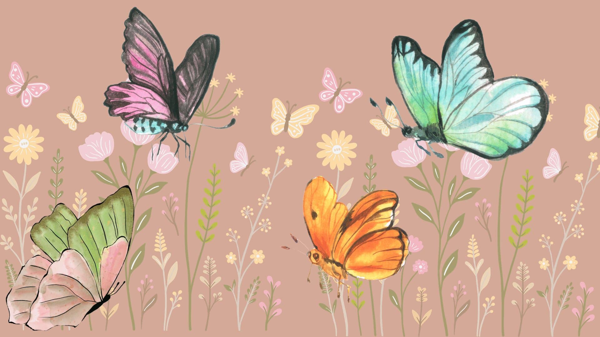 Watercolor butterflies over a wildflower meadow on a blush background