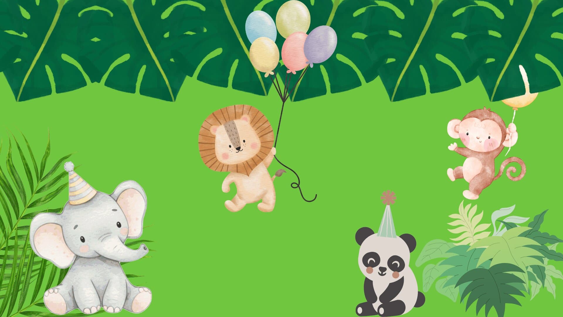 Watercolor jungle animals in party hats: elephant, lion with balloons, panda, and monkey