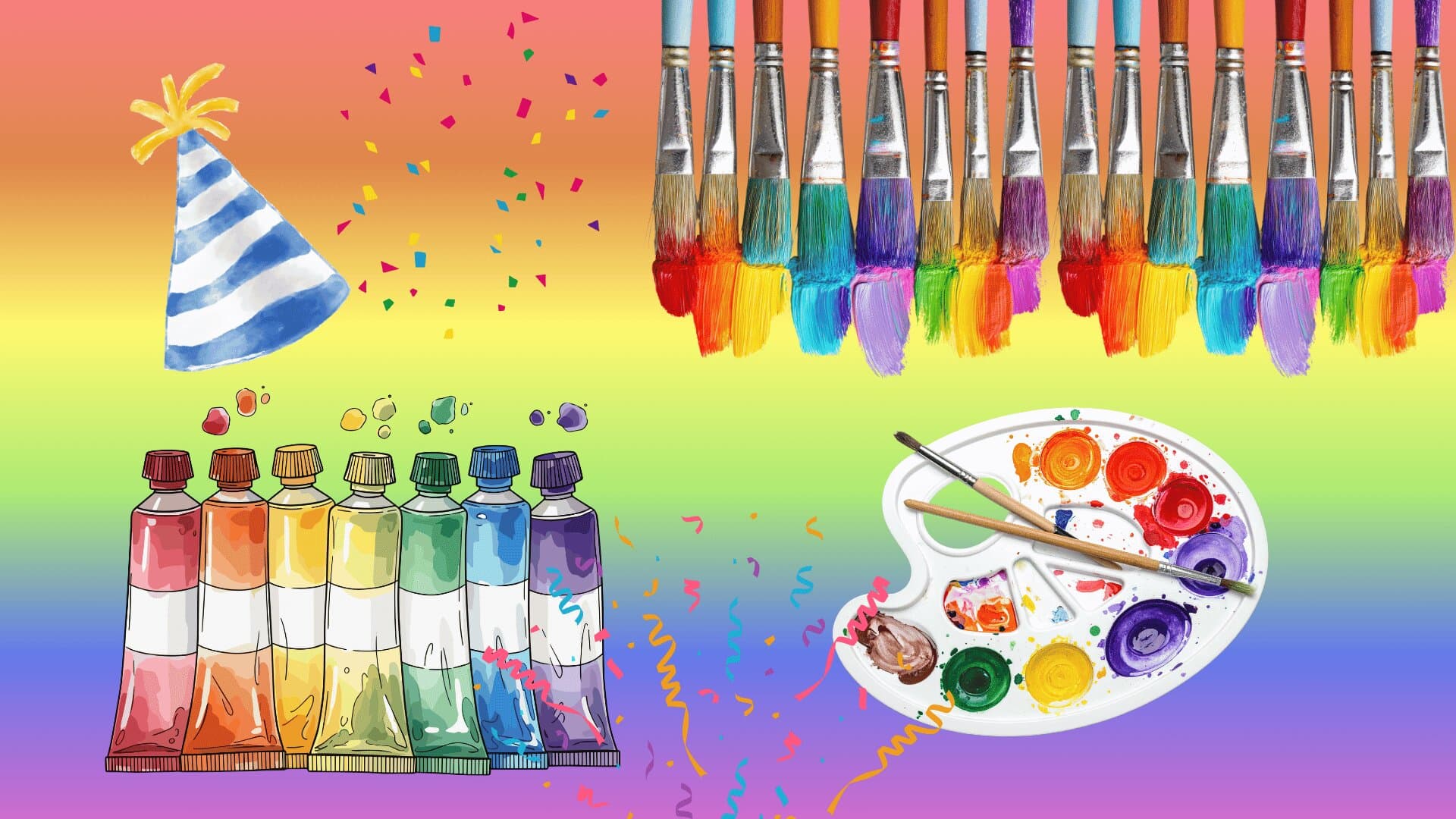 Rainbow art party scene with paintbrushes, paint tubes, palette, and a striped party hat