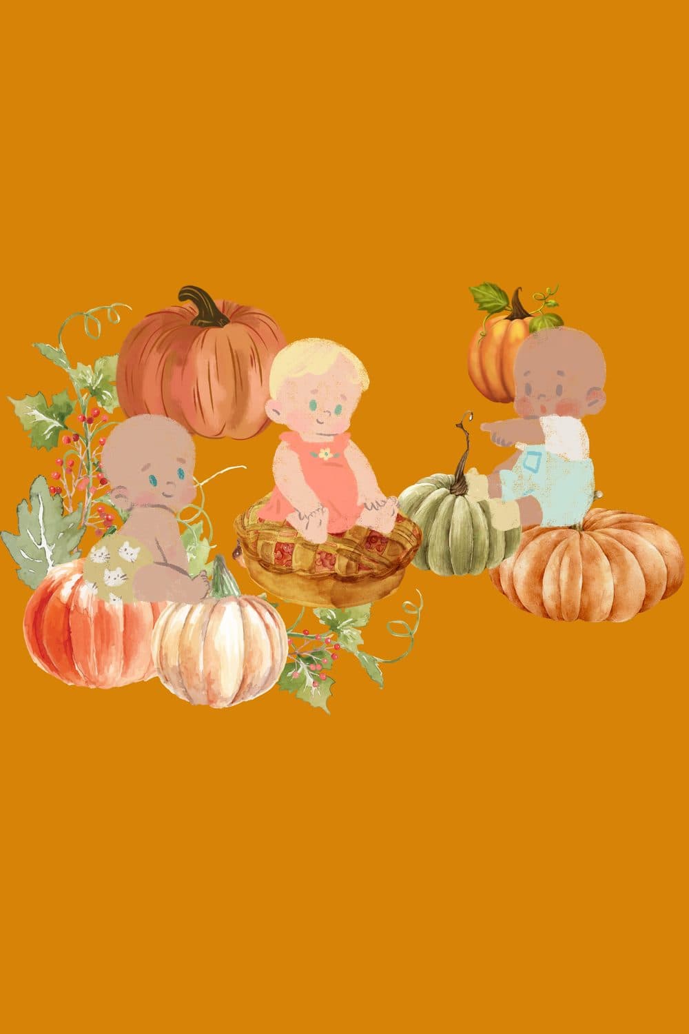 Little Pumpkin first birthday illustration: three babies among watercolour pumpkins, a berry pie, and autumn foliage on a warm orange background