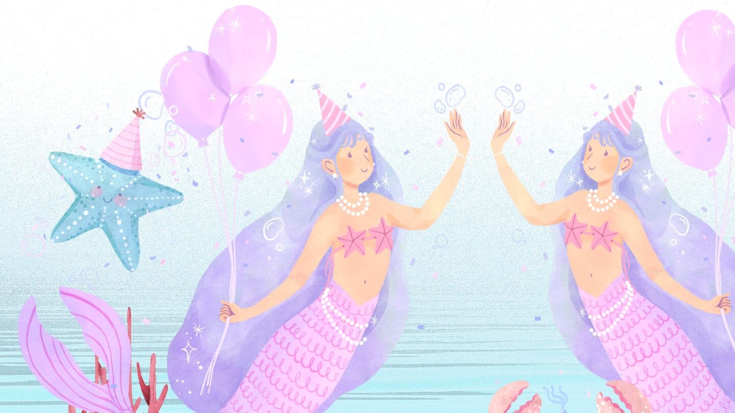 Illustrated mermaids with party hats, pink balloons, and a starfish underwater