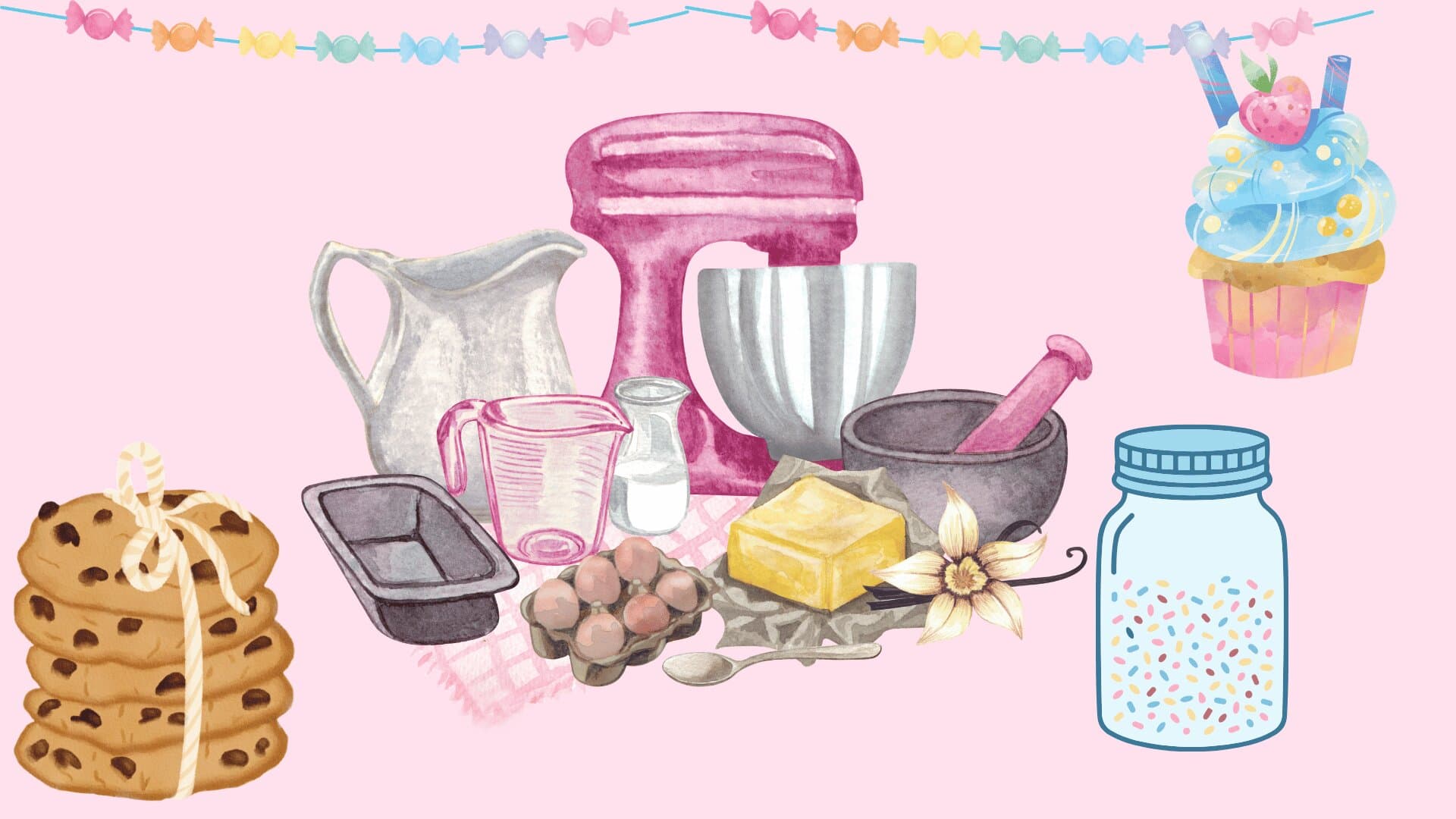 Watercolor baking scene with pink stand mixer, cookies, ingredients, and a sprinkle jar under candy bunting