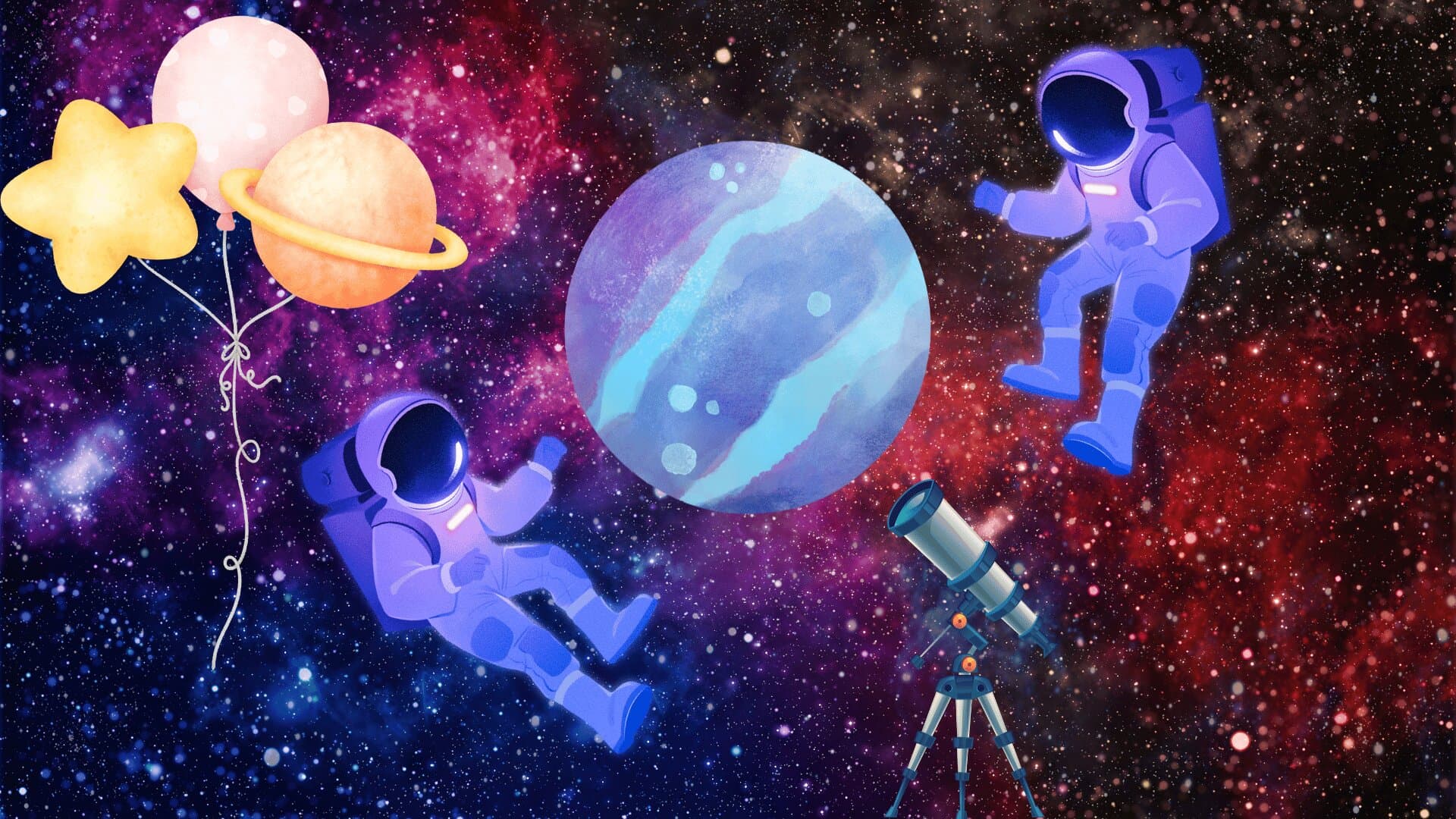 Astronauts floating near a watercolor planet with star balloons and a telescope in a galaxy sky