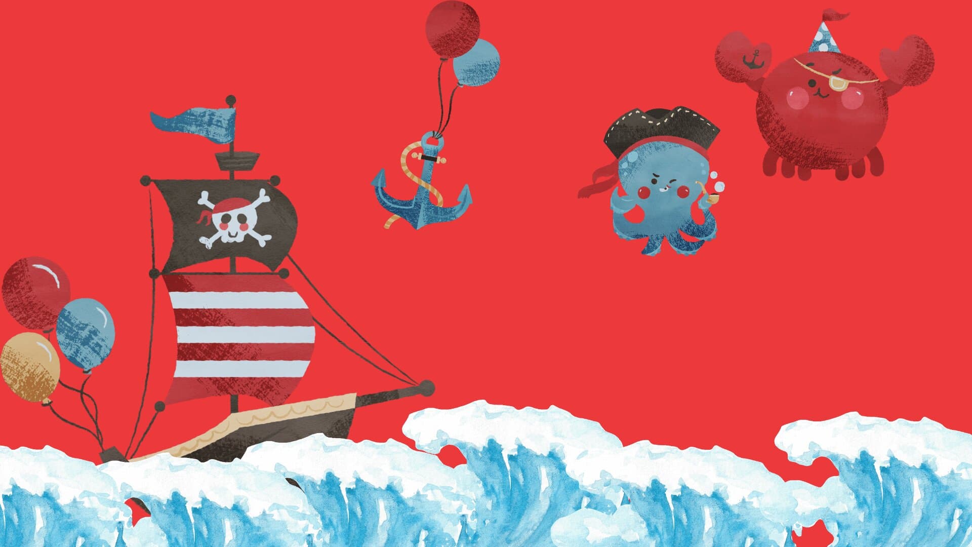 Illustrated pirate ship on watercolor waves with a pirate octopus and crab in party hats