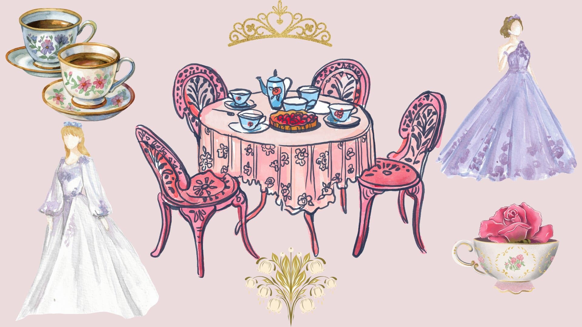 Watercolor princess tea party with pink table and chairs, teacups, gowns, and a gold tiara
