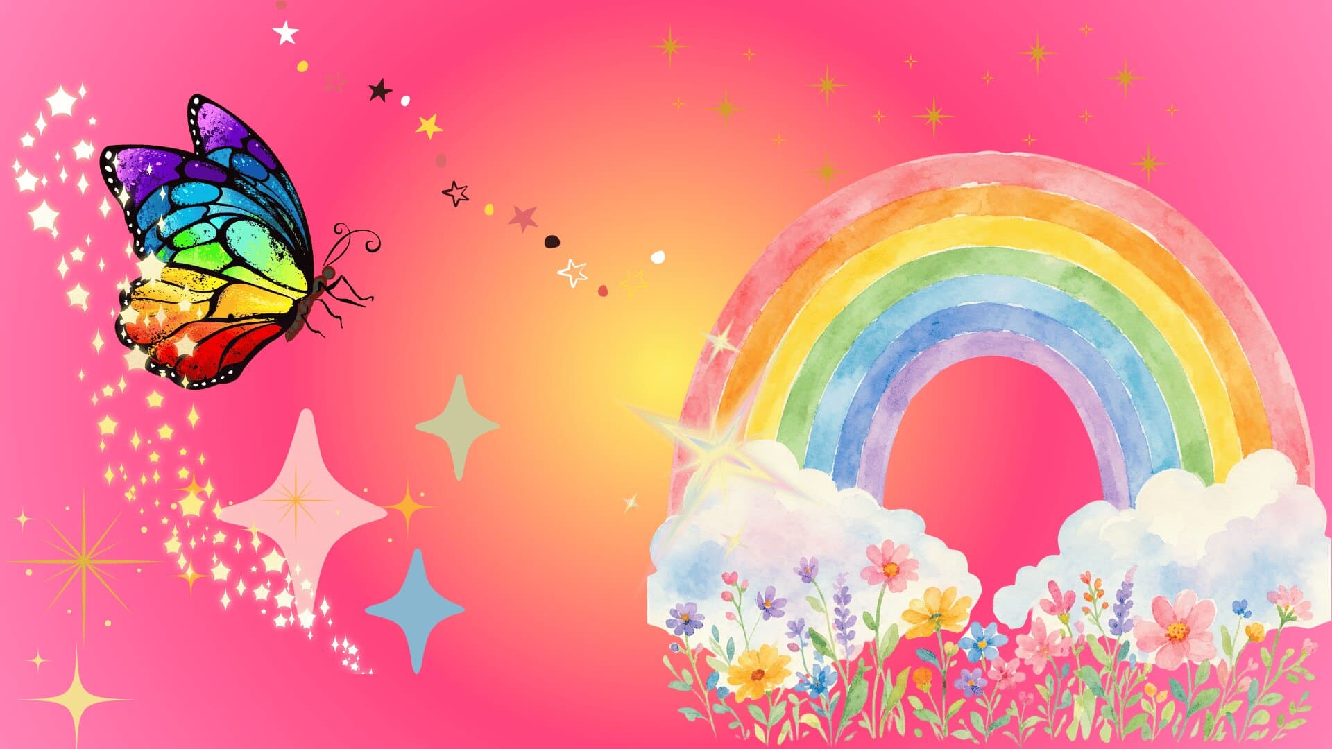 Rainbow-winged butterfly and watercolor rainbow with clouds and flowers on a pink background