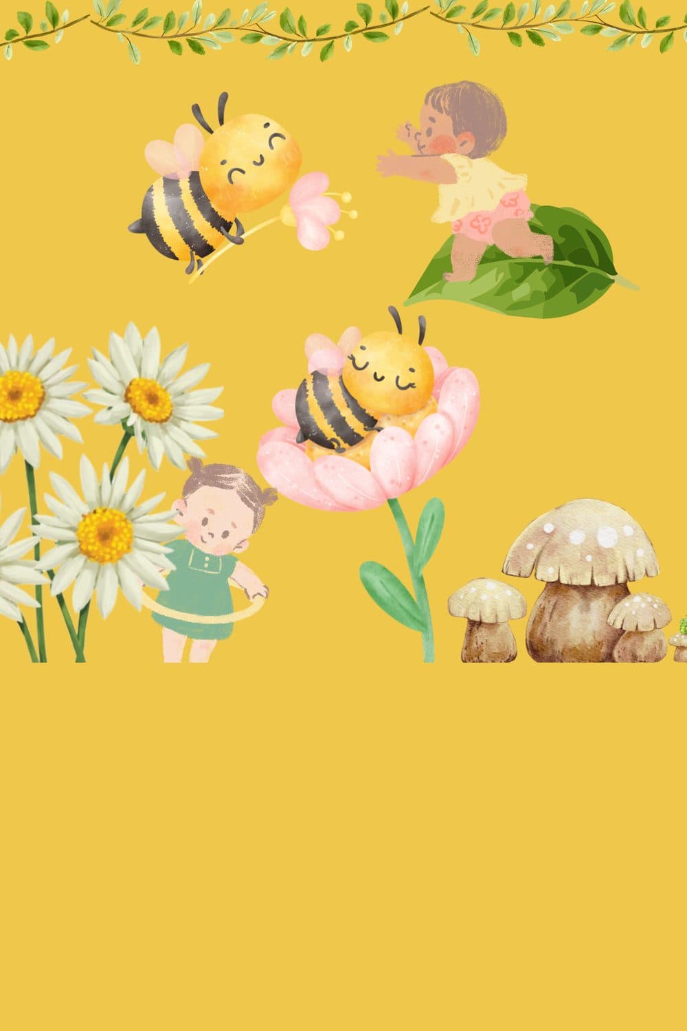 Sweet One bee first birthday illustration: smiling bumblebees, babies among daisies and a pink blossom, with a leafy vine border on a honey-yellow background