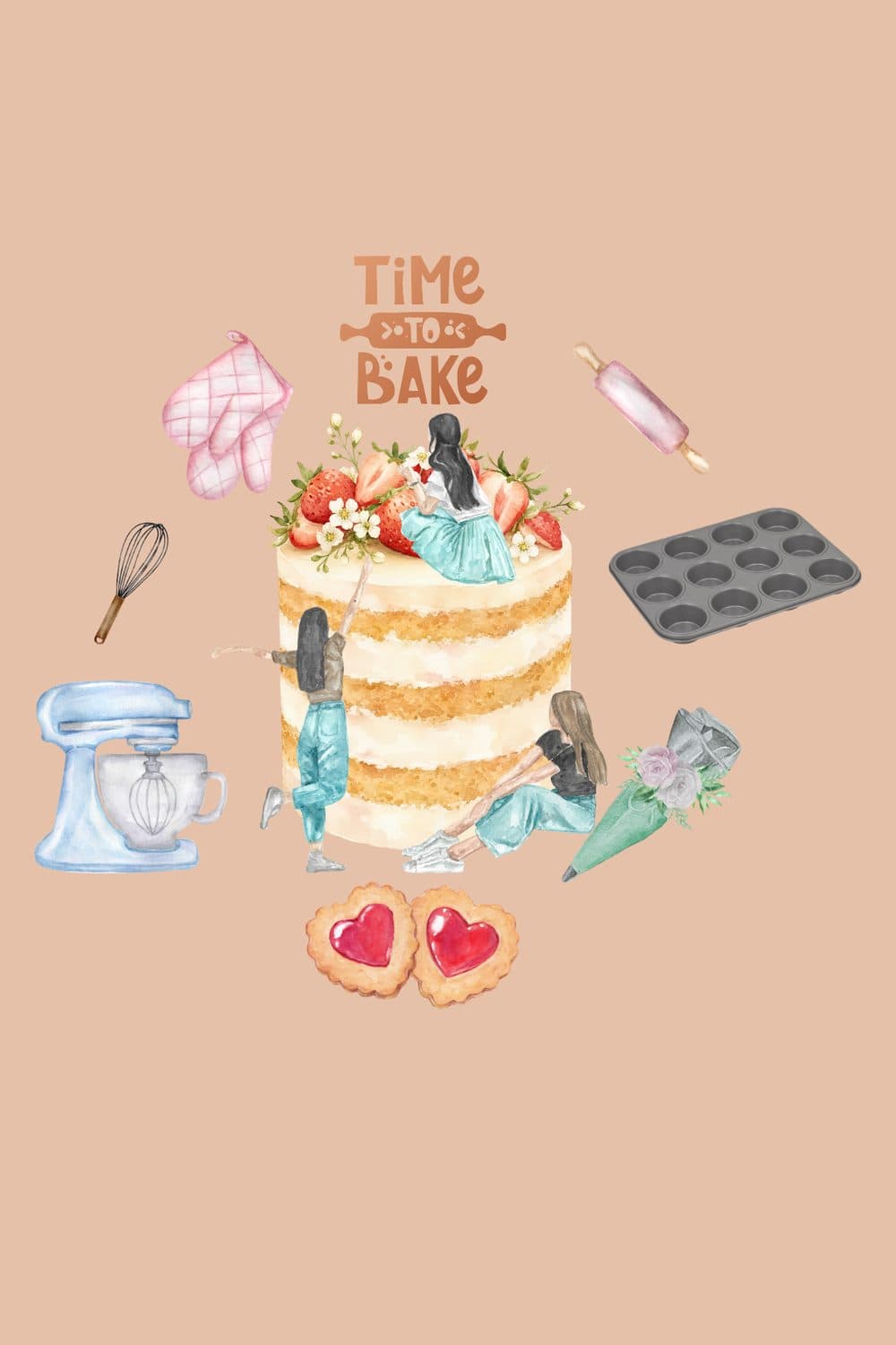 Time to Bake illustration: a tall naked layer cake topped with strawberries, ringed by a stand mixer, whisk, muffin tin, rolling pin, piping bag and jam heart cookies