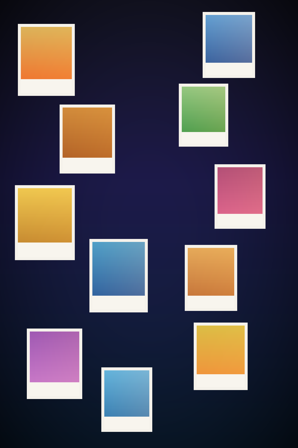 Dark navy gradient background with scattered Polaroid photo prints in warm amber and teal tones, hero image for teen photography and Instax birthday party guide