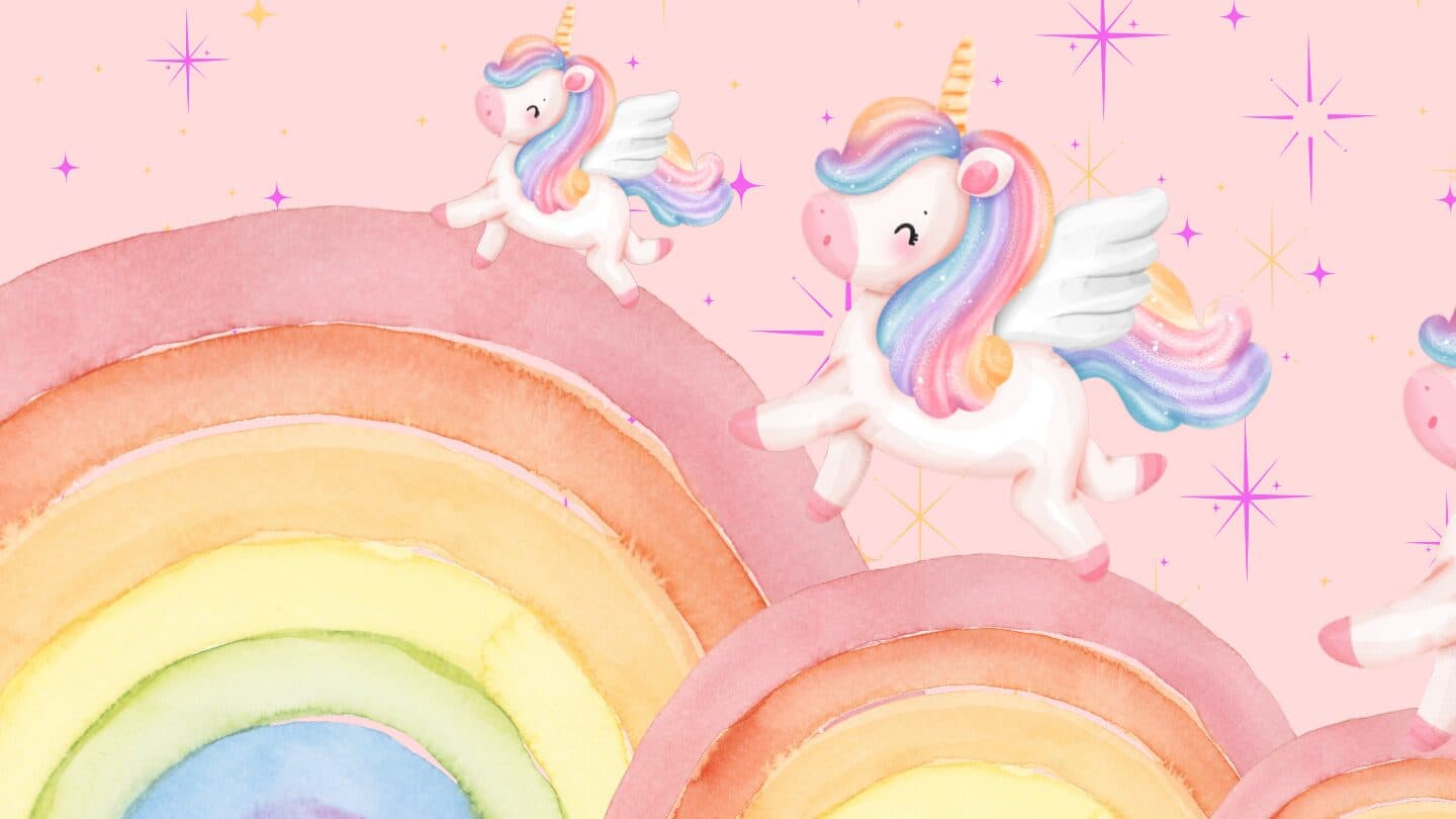 Watercolor unicorns flying over rainbows on a pink starry background