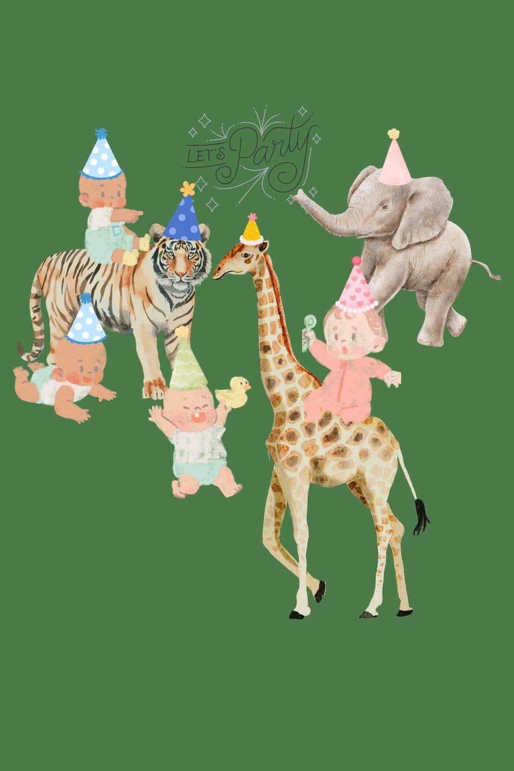 Wild One first birthday illustration: babies in party hats riding a tiger, giraffe, and elephant under a hand-lettered "Let's Party" on a jungle-green background