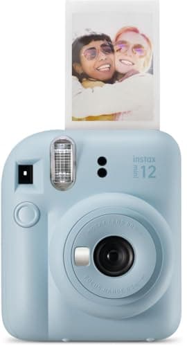 Fujifilm Instax Mini 12 instant film camera in pastel blue with developed instant photo print displayed in front