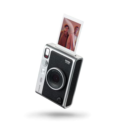 Fujifilm Instax Mini EVO hybrid instant camera with retro dark body, wrist strap, and digital display