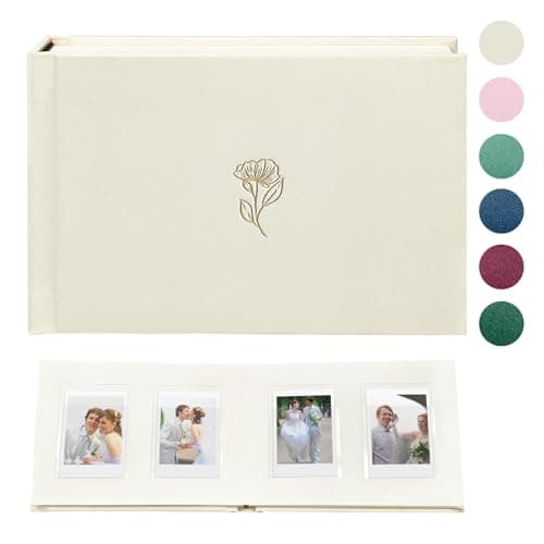Beige linen hardcover Instax Mini photo album with 52 pockets and wide writing space beside each photo slot