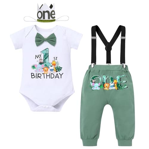 IBTOM CASTLE baby boys jungle theme 1st birthday outfit 4-piece romper pants suspenders headband cake smash set
