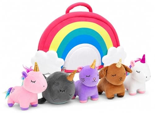 PixieCrush unicorn stuffed animal set with five soft plush toys and zippered carry case