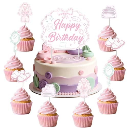 25-piece spa birthday cake decoration set with pink pajama, slipper, bow, and mirror cupcake picks for a teen pamper party
