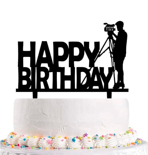 Red acrylic camera photographer birthday cake topper showing photographer silhouette with camera on wooden stake