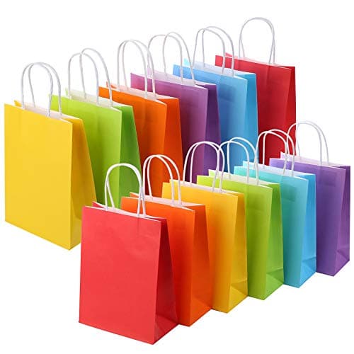Kraft paper party favor bags with handles in assorted rainbow colors