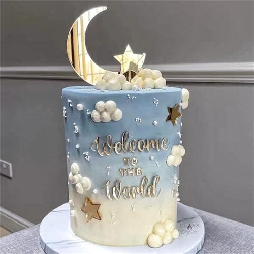 FCGSFJ 8-piece moon and stars acrylic mirror gold cupcake toppers for celestial birthday party table decor