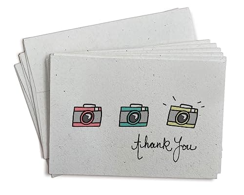 Colorful retro cameras thank you greeting cards with three vintage camera illustrations in bright colors on white background