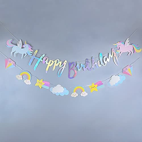 Unicorn Happy Birthday banner with gold glitter letters, cartoon clouds, and pastel rainbow color scheme