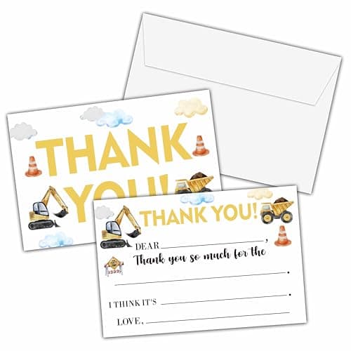 Pack of construction dump truck-themed fill-in birthday thank-you cards with envelopes