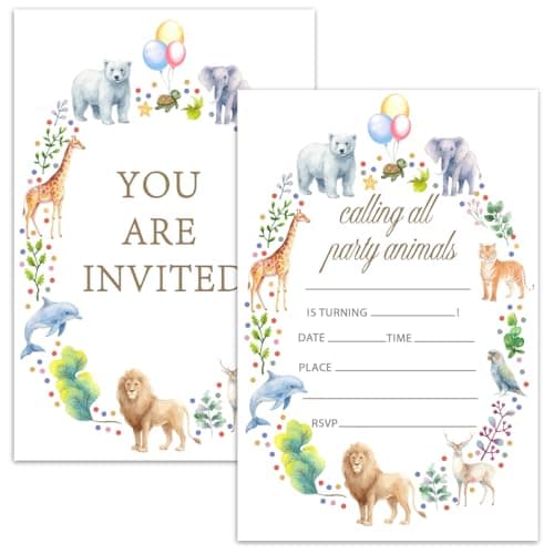 Pack of 20 jungle safari fill-in birthday party invitation cards with envelopes