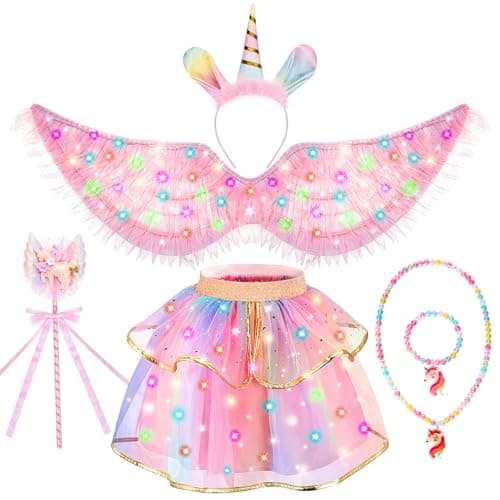 Light-up unicorn princess costume with tutu, wings, headband, and wand for girls ages 3-6