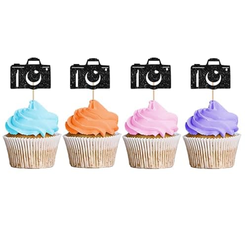 24 black glitter camera silhouette cupcake toppers for photographer birthday party laid out on white surface