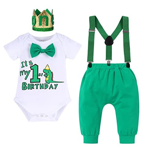 IBTOM CASTLE baby boys safari jungle 1st birthday cake smash outfit 4-piece bow tie romper pants suspenders headband wild one set