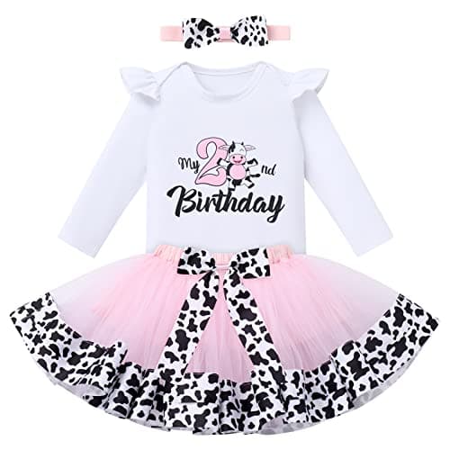 IMEKIS baby girls cow first birthday outfit romper tutu skirt headband cake smash photo shoot set