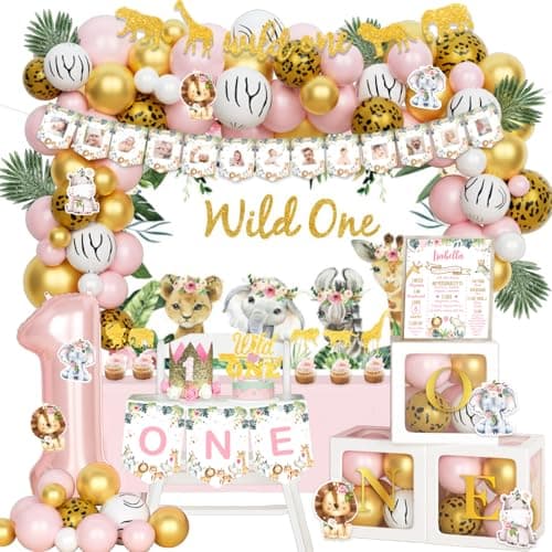 Wild One 1st birthday decorations girl 130-piece safari jungle party kit balloon garland backdrop highchair banner crown cake topper pink gold Hombae