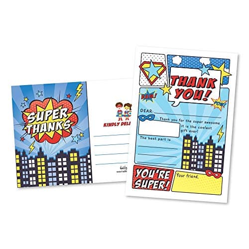Superhero birthday fill-in thank-you cards 25-pack with envelopes for kids party