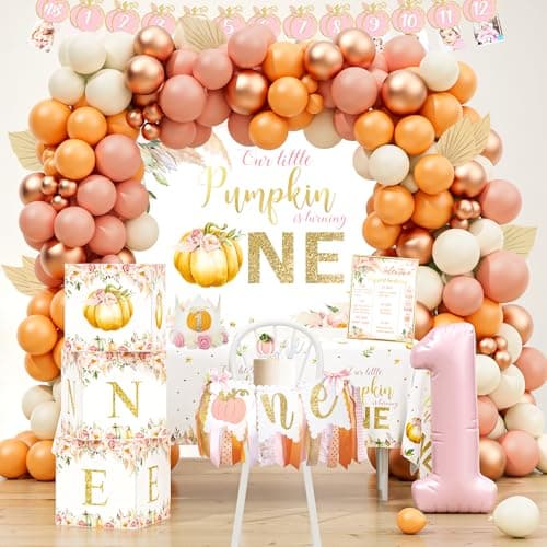 Little Pumpkin first birthday 133-piece fall party decorations kit with balloon garland, ONE boxes, and backdrop
