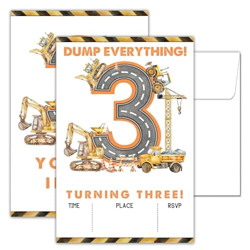 Pack of construction dump truck-themed fill-in birthday party invitation cards with envelopes