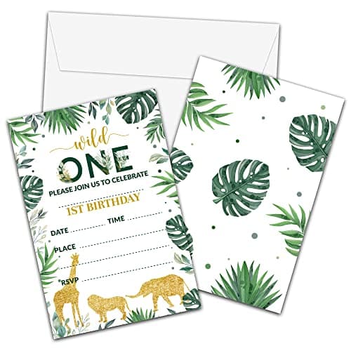 Wild One first birthday invitations 20 cards with envelopes jungle wild animals fill-in style