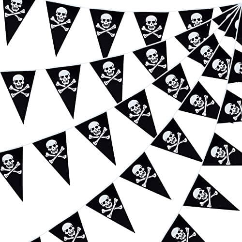 Set of 60 skull and crossbones pirate triangle pennant banner flags on black cord