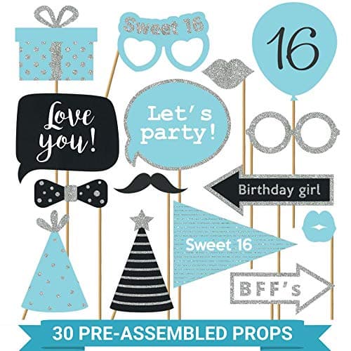 Set of 30 pre-assembled Sweet 16 birthday photo booth props in teal blue and silver glitter on wooden sticks