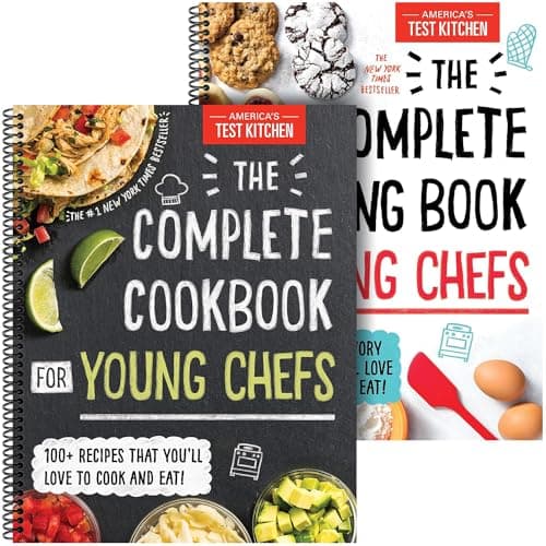 Two America's Test Kitchen Kids cookbooks displayed side by side: The Complete Cookbook for Young Chefs with red cover and The Complete Baking Book for Young Chefs with teal cover