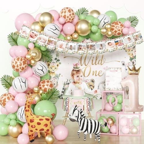 Wild One birthday party decorations for girls with pink gold balloon garland kit, backdrop, and high chair banner