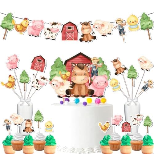 Farm animals party decor set rustic barnyard bash kit with banners centerpieces and cupcake toppers
