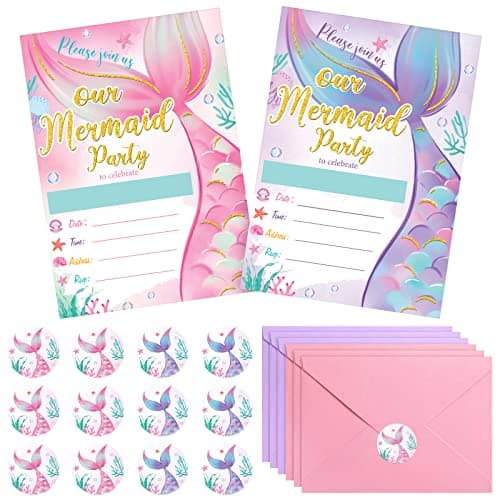 PerKoop mermaid birthday invitation cards with envelopes and stickers 24 sets ocean under the sea party