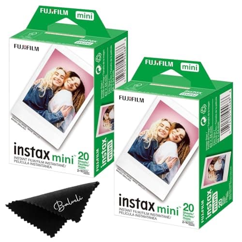 Fujifilm Instax Mini instant film two twin packs totaling 40 exposures with ISO 800 and microfiber cloth