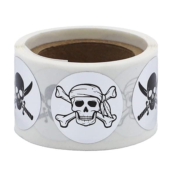 Sheet of skull and crossbones pirate-themed envelope seal stickers